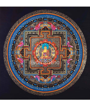 Buddha Shakyamuni Mandala Thangka Painting | Himalayan Buddhist Art  of Buddha On Lotus Throne  | 24 K Gold Work On Black  Base Color