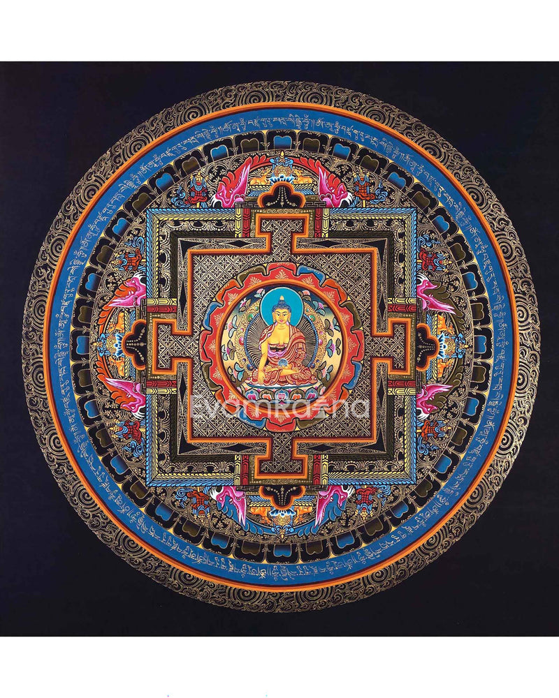 Buddha Shakyamuni Mandala Thangka Painting | Himalayan Buddhist Art  of Buddha On Lotus Throne  | 24 K Gold Work On Black  Base Color