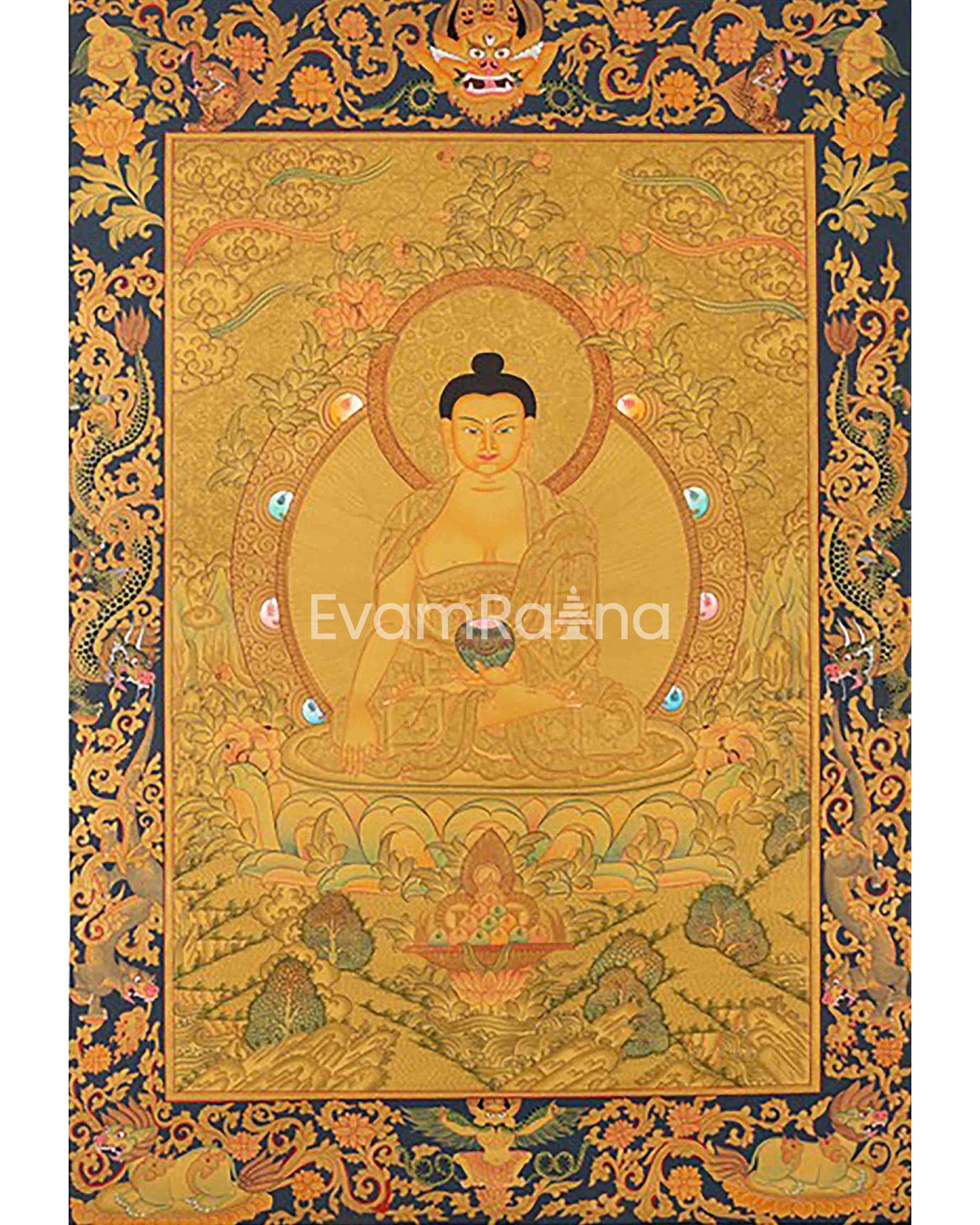 Full 24K Gold Style Shakyamuni Buddha Thangka | Wall Hanging Yoga Meditation Art