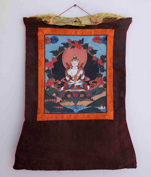 Vintage Small Amitayus Buddha Thangka with Silk Brocad