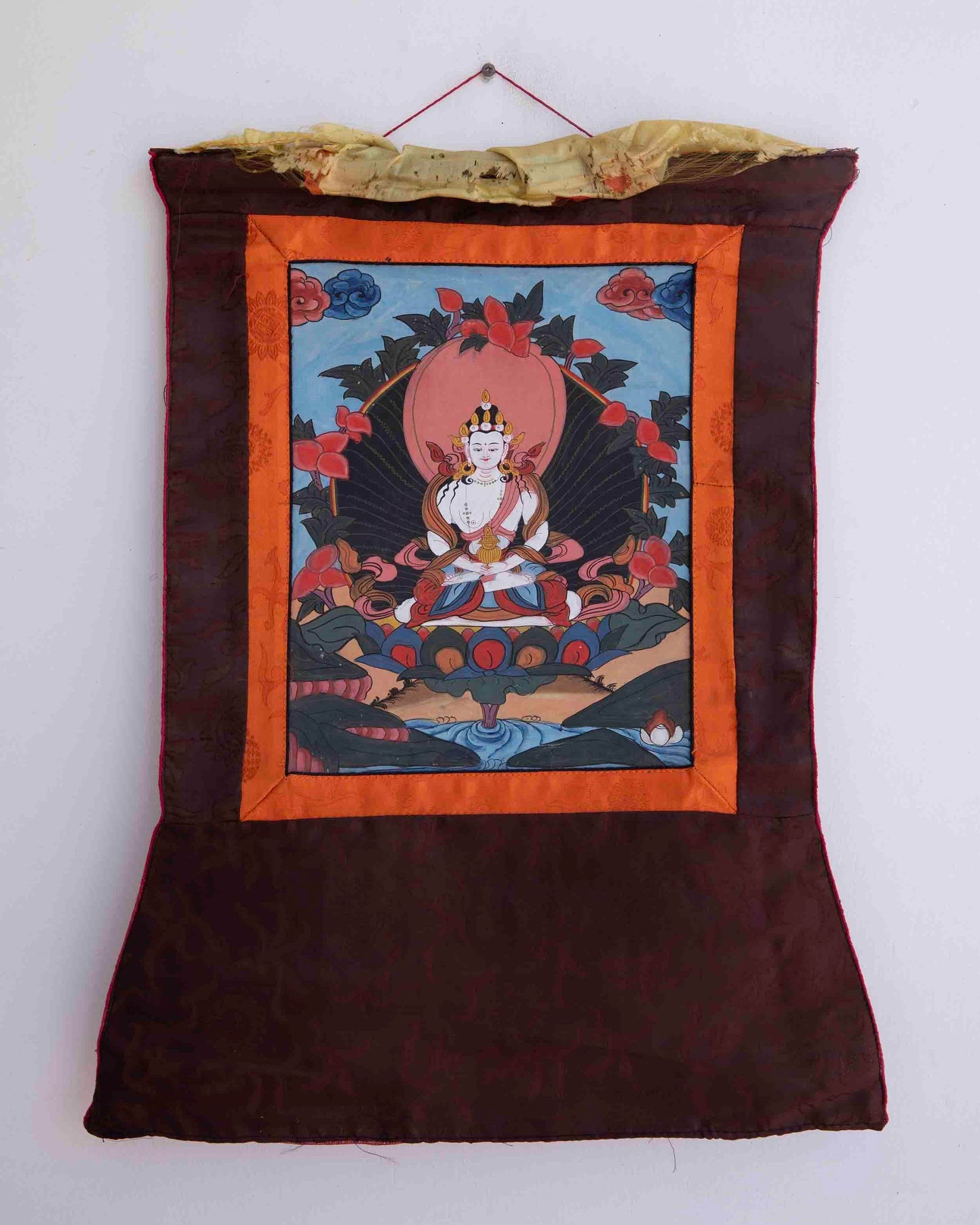 Vintage Small Amitayus Buddha Thangka with Silk Brocad