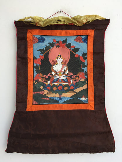 Vintage Small Amitayus Buddha Thangka with Silk Brocad