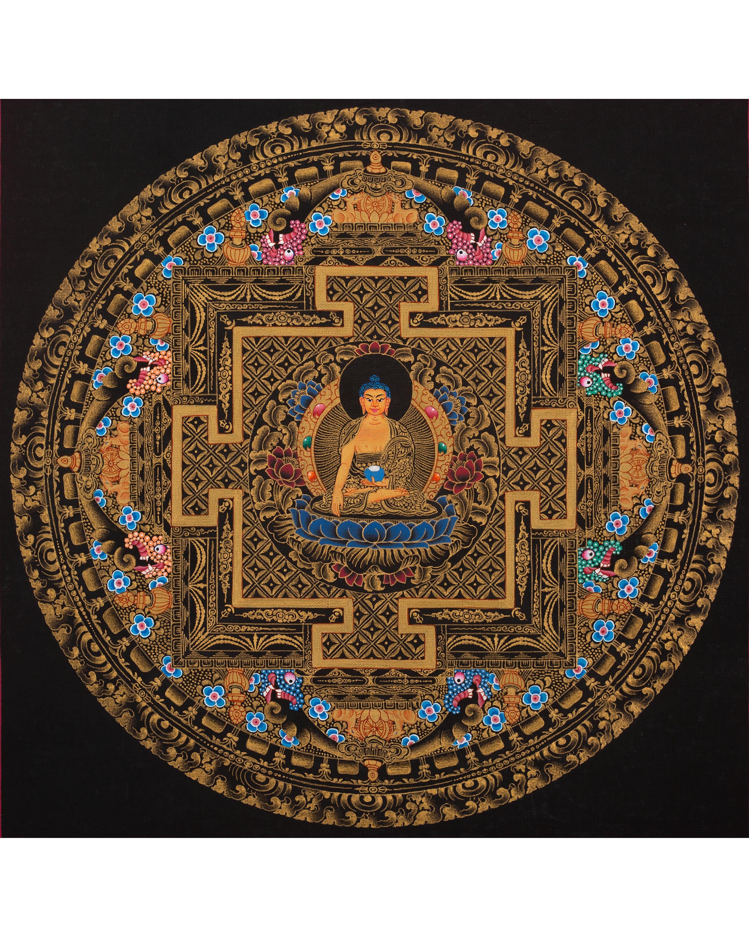 Full 24K Gold Style Shakyamuni Buddha Mandala Thangka | Wall Hanging Yoga Meditation Art