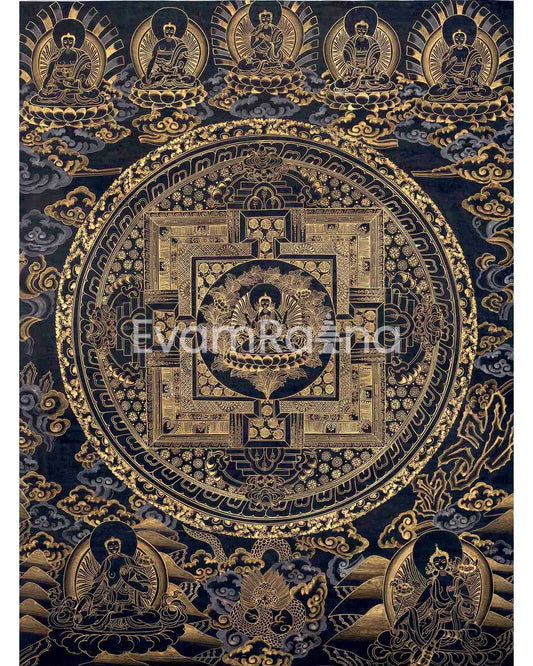 Original Hand-Painted Gold And Black Style Chenrezig Mandala Thangka