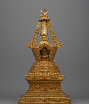Beautiful Gold Plated Tibetan Chorten Stupa To Enhance Meditation & Serene Home Decor