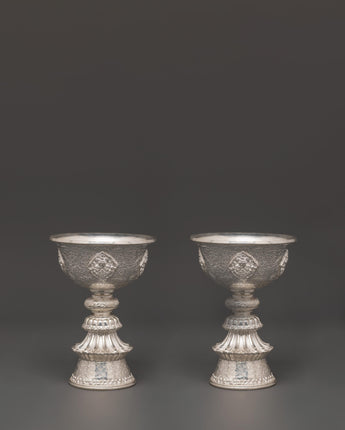 Pure Silver Tibetan Butter Lamp Set