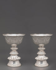 Buddhist Butter Lamp Offering Set | Silver Tibetan Ritual Lamp