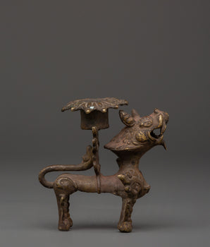 Bronze Lion Candle Holder for Hindu Rituals 