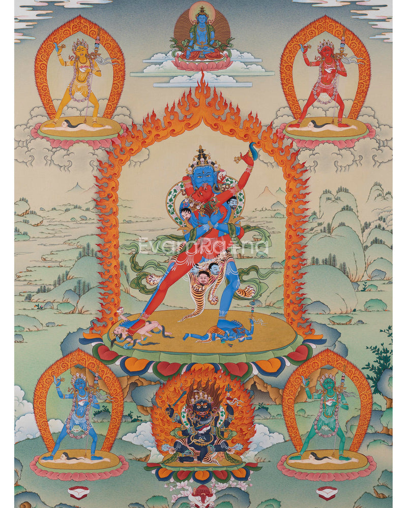 Chakrasamvara with Consort and Four Dakini Print