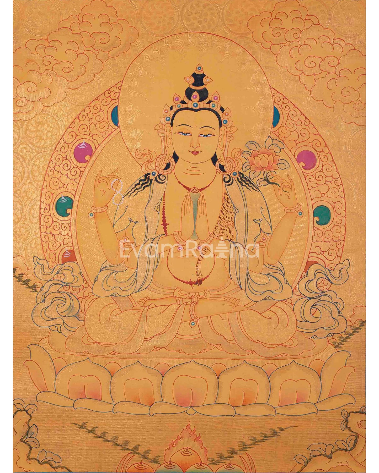 Four Armed Chengrezig Thangka Painting | Avalokiteshvara Arts | Bodhisattva Thangka |