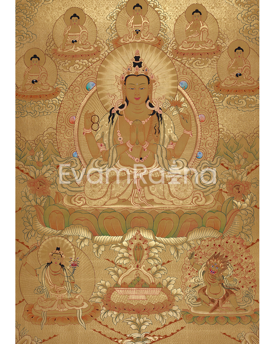 Full Gold Chengrezig Thangka