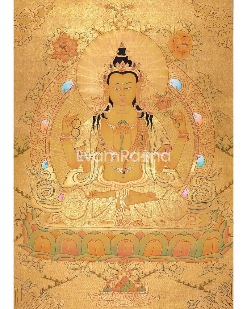 Full Gold Style Chengrezig Thangka | Tibetan Buddhist Artwork