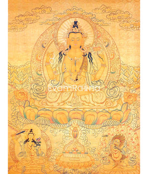 Chengrezig Avalokitesvara Hand-painted 24k Gold Style Thangka Flanked by Vajrapani & Manjushree