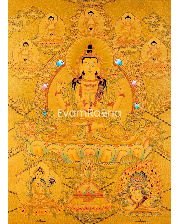 Chengrezig Avalokitesvara Hand-painted 24k Gold Style Thangka
