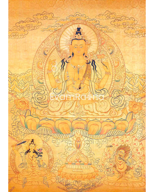 Chengrezig Avalokitesvara Hand-painted 24k Gold Style Thangka Flanked by Vajrapani & Manjushree