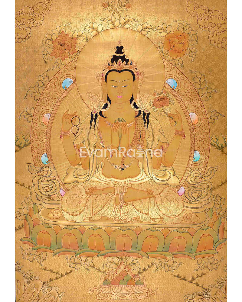 Full Gold Style Chengrezig Thangka | Tibetan Buddhist Artwork