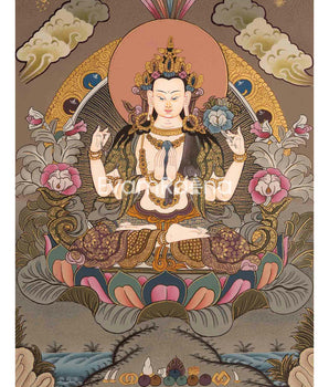 Beautifully Hand-Painted Four-Armed Chengrezig | Avalokiteshvara Thangka Painting
