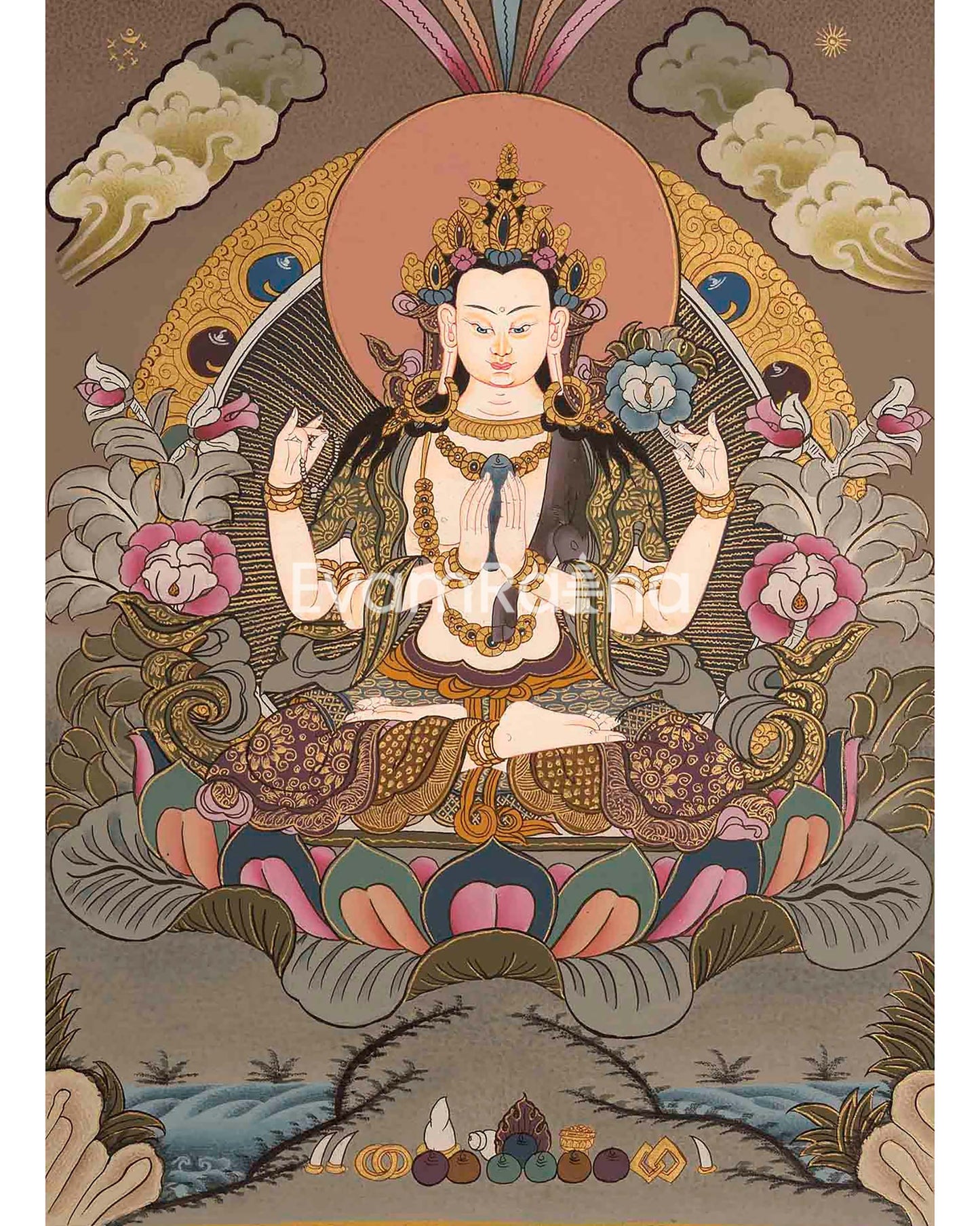 Beautifully Hand-Painted Four-Armed Chengrezig | Avalokiteshvara Thangka Painting