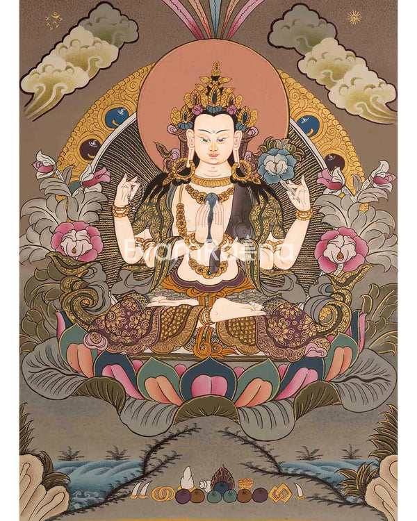 Beautifully Hand-Painted Four-Armed Chengrezig | Avalokiteshvara Thangka Painting