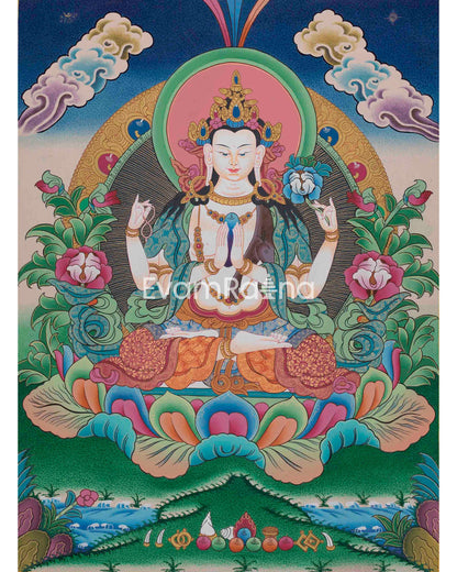 Four Armed Chengrezig Thangka | Original Hand-Painted Bodhisattva Artwork