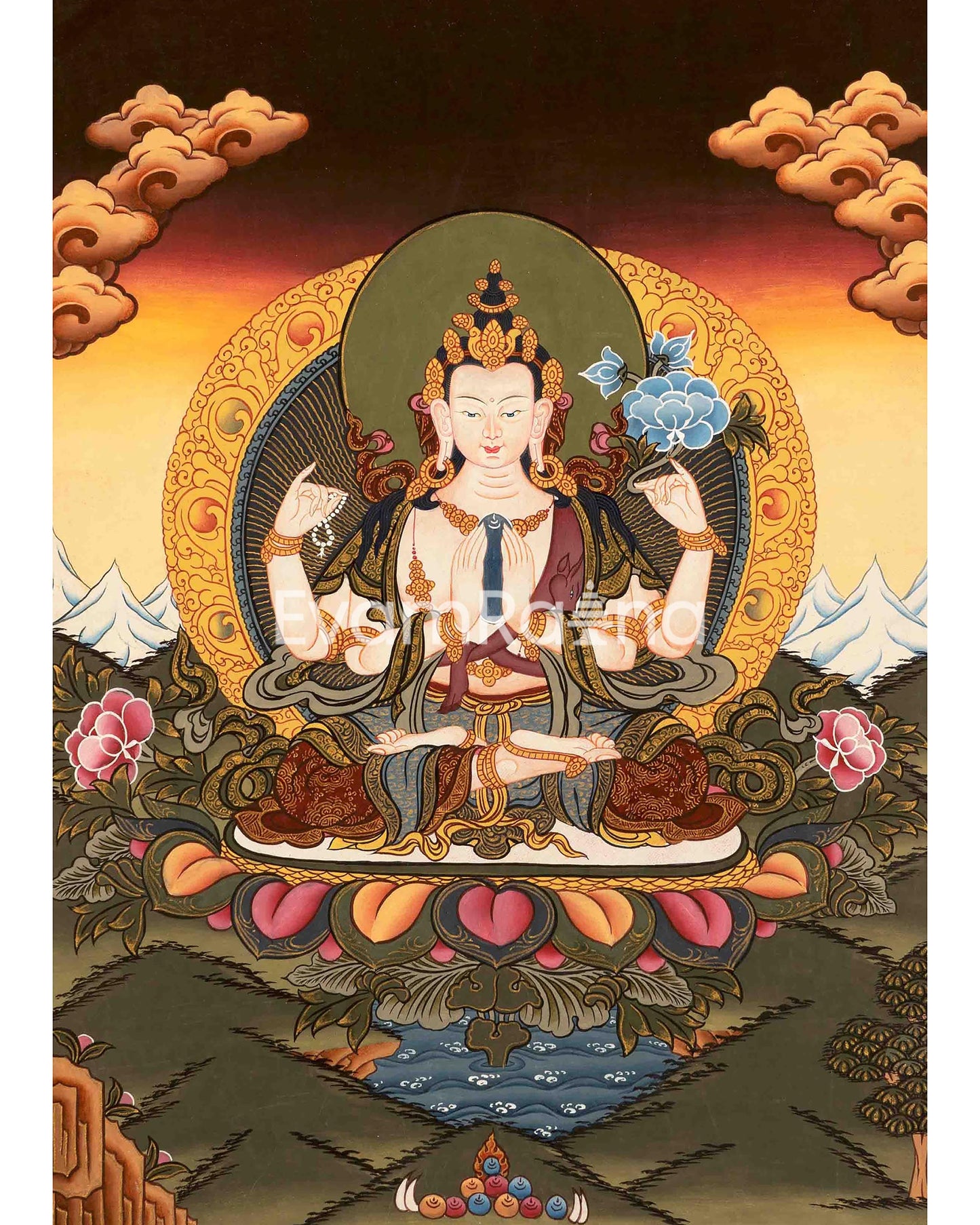 Amitabha Buddha and Chengrezig Thangka Painting | Tibetan Buddhist Wall Hanging Art for Peace |