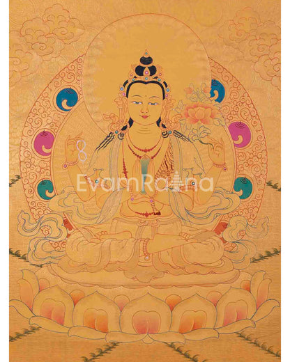 Four Armed Chengrezig Thangka Painting | Avalokiteshvara Arts | Bodhisattva Thangka |