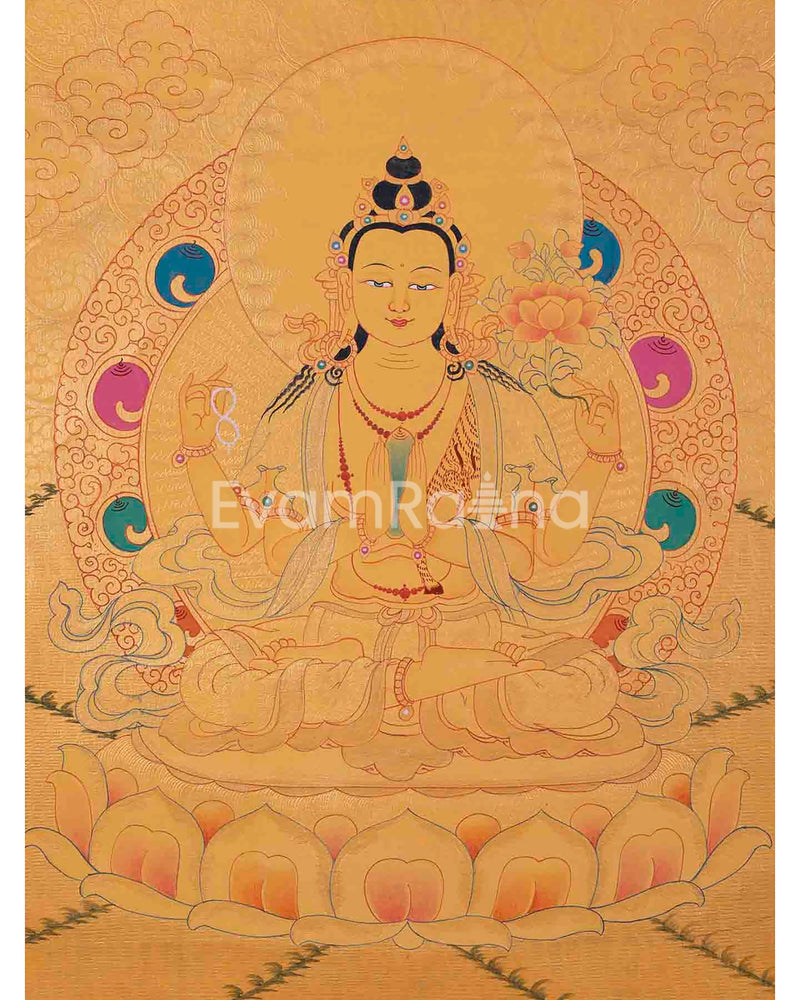 Four Armed Chengrezig Thangka Painting | Avalokiteshvara Arts | Bodhisattva Thangka |