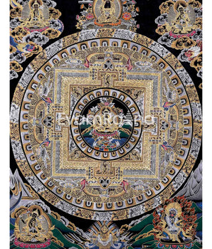 Original Hand Painted Black And Gold Style Chengrezig Mandala Thangka | Tibetan Buddhist Meditation And Yoga Art |