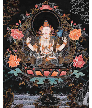 Avalokiteshvara Chengrezig Thangka | Original Hand-painted Arya Bodhisattva | Vajrayana Buddhism Painting |
