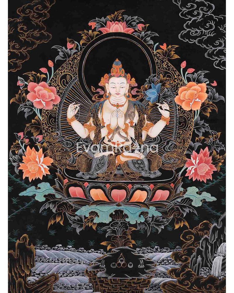 Avalokiteshvara Chengrezig Thangka | Original Hand-painted Arya Bodhisattva | Vajrayana Buddhism Painting |