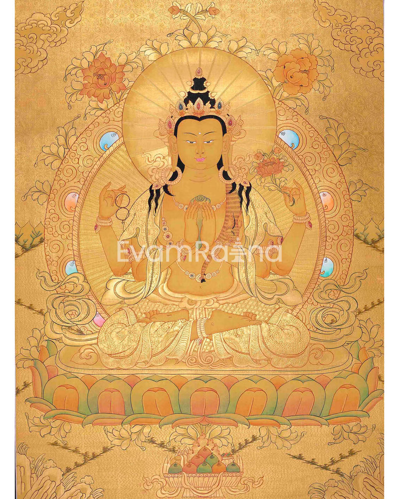 Full Gold Style Chengrezig Thangka | Tibetan Buddhist Artwork