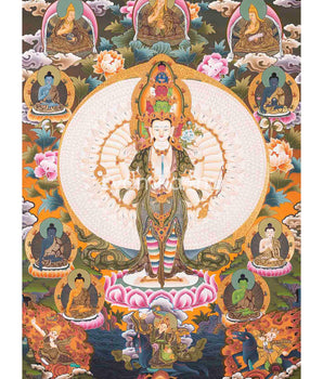 Original Handmade Lokeshvara with 1000 Armed | Chengrezig Thangka | Tibetan Thangka Painting |