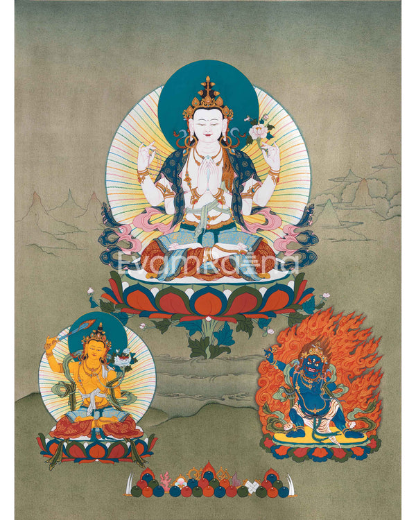 Chenrezig, Manjushri and Vajrapani, Trio Bodhisattva Thangka