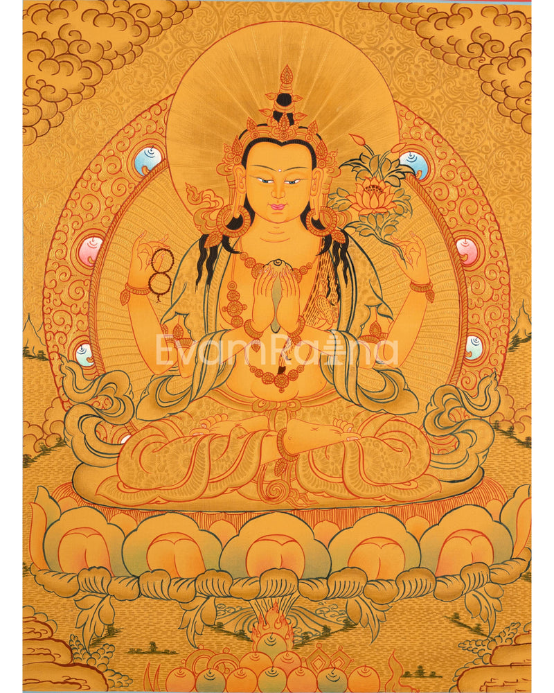 Hand-Painted Gold Chengrezig and White Tara Thangka | Tibetan Buddhism Arts