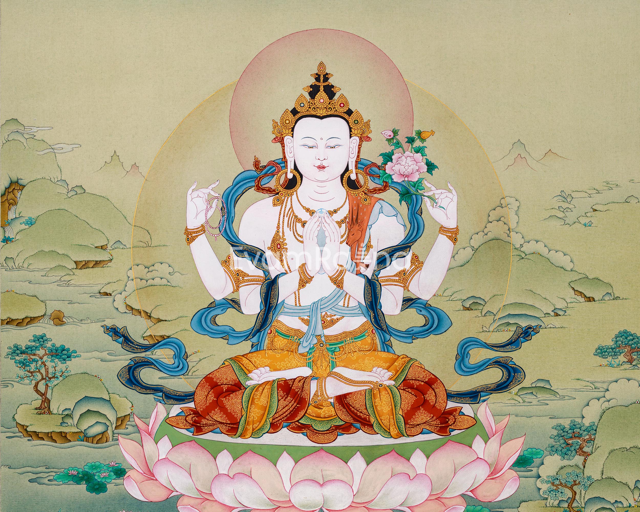 Compassion Buddha Avalokiteshvara Thangka | Authentic Stone Colors from Lhasa, Tibet