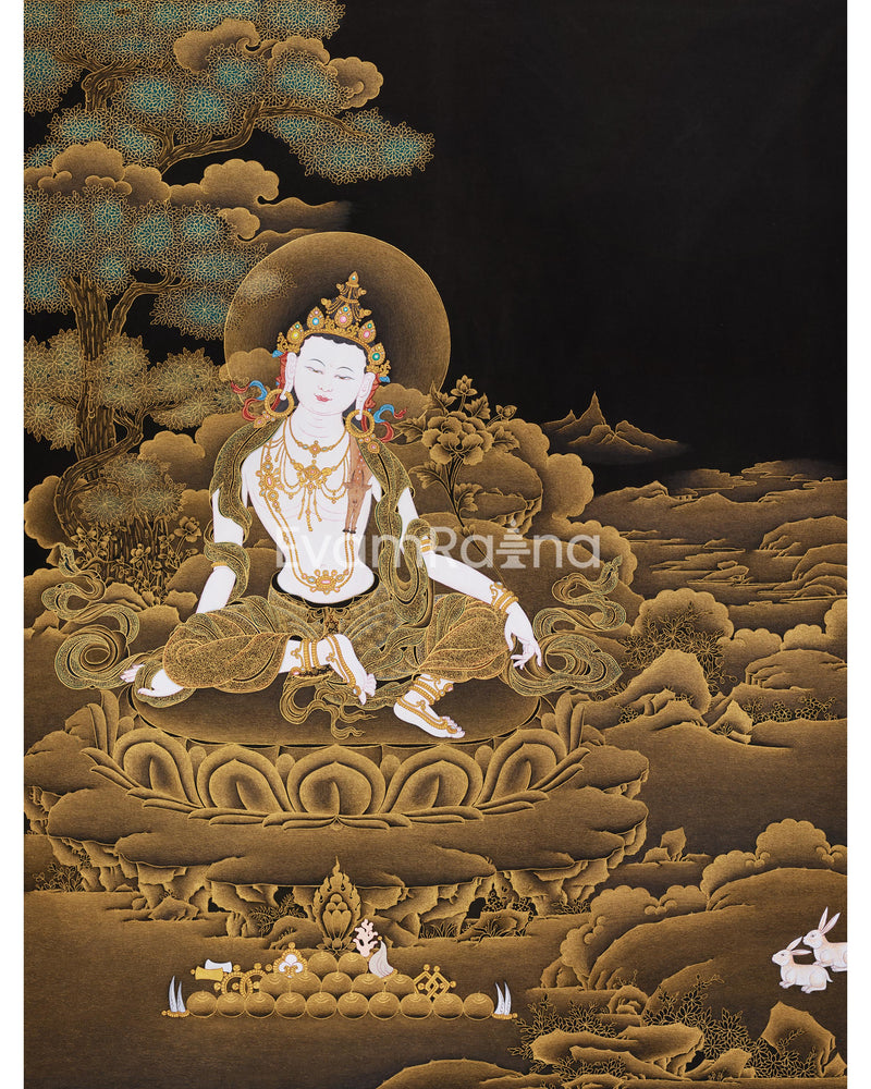 Chenrezig Bodhisattva Painting on Cotton Canvas with 24K Gold Embellishments