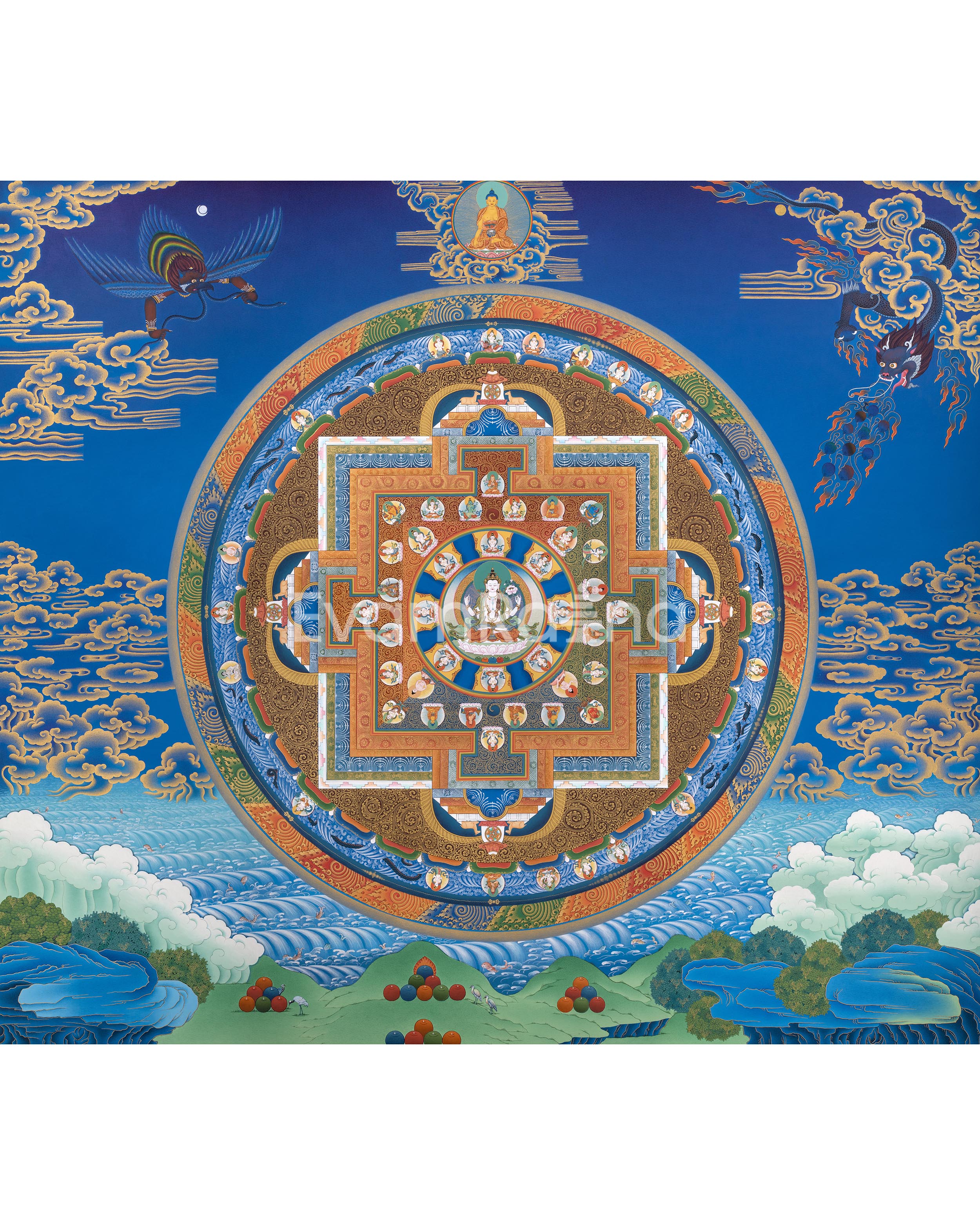 Chenresig Mandala Thangka Print | Traditional Tibetan Mandala Artwork | Meditation Art
