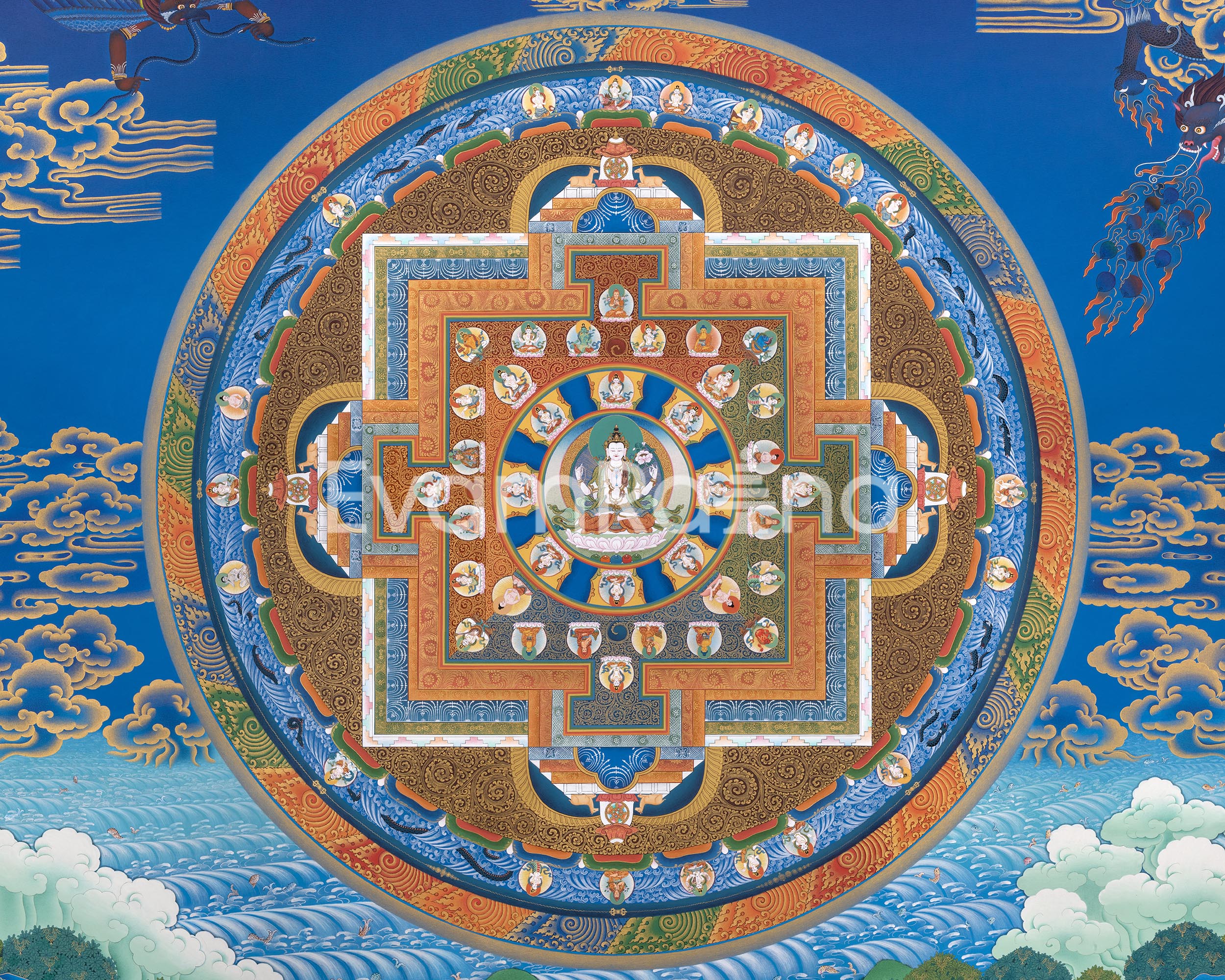 Chenresig Mandala Thangka Print | Traditional Tibetan Mandala Artwork | Meditation Art