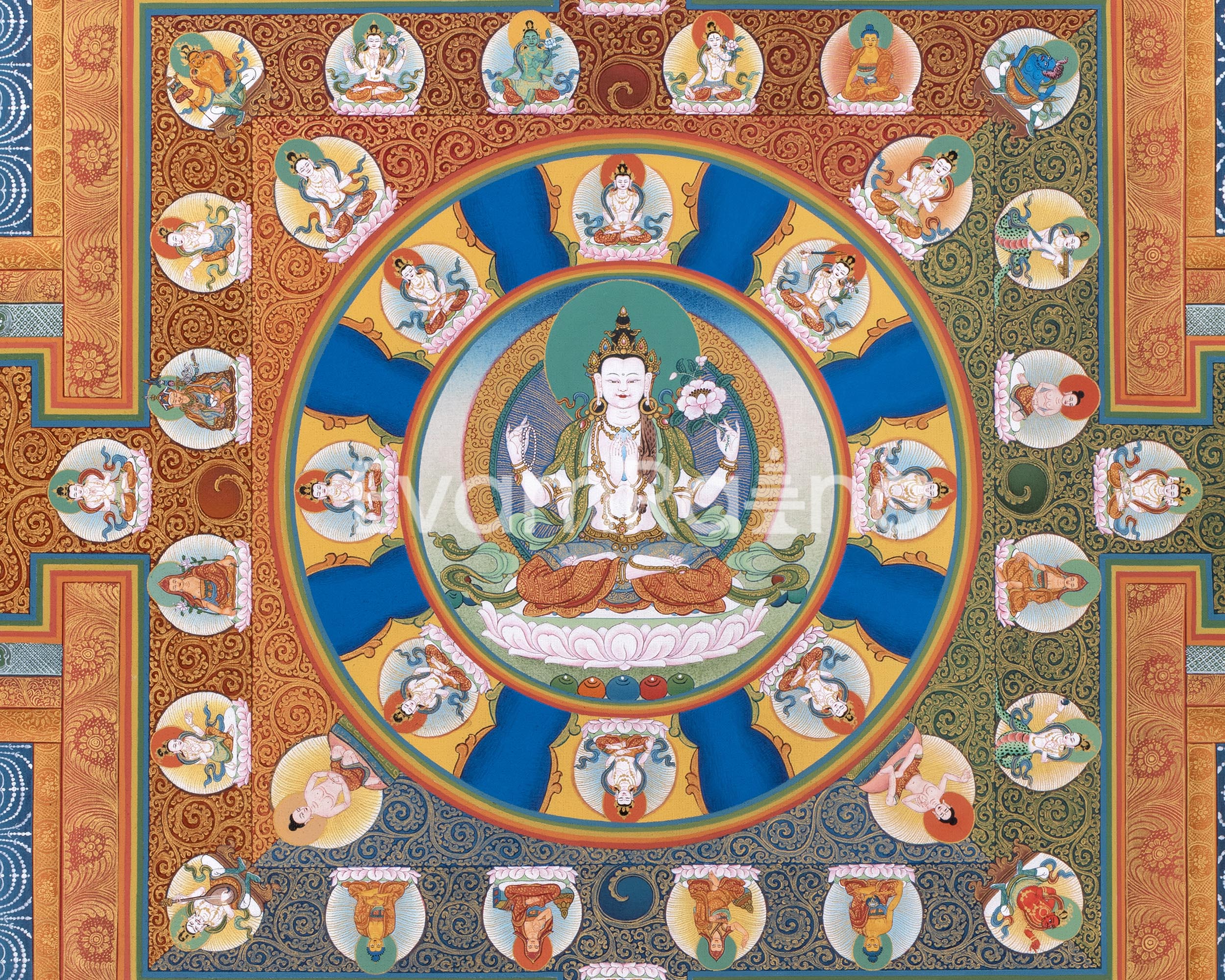 Chenresig Mandala Thangka Print | Traditional Tibetan Mandala Artwork | Meditation Art