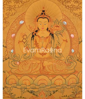 Hand-Painted Gold Chengrezig and White Tara Thangka: