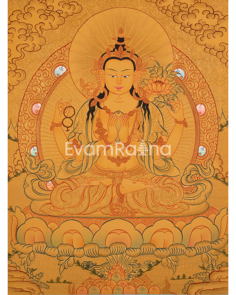 Hand-Painted Gold Chengrezig and White Tara Thangka: