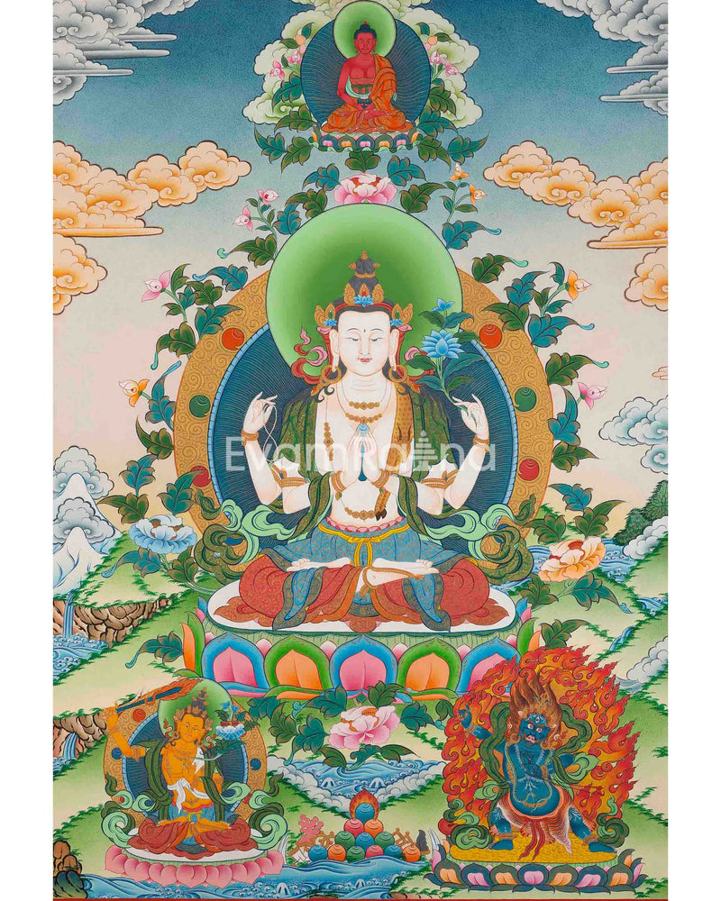 Original 4 Armed Chengrezig Thangka Painting | Handmade in Nepal