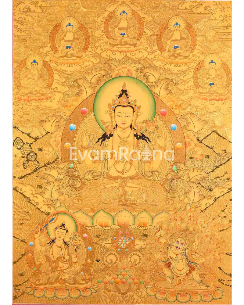 Full 24K Gold Style Avalokitesvara Chengrezig Thangka 