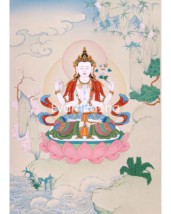 Hand-painted Four-Armed Chenrezig Thangka