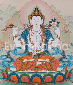 4 Armed Avalokiteshvara Thangka Print | Bodhisattva Avalokiteshvara With Buddha Amitabha