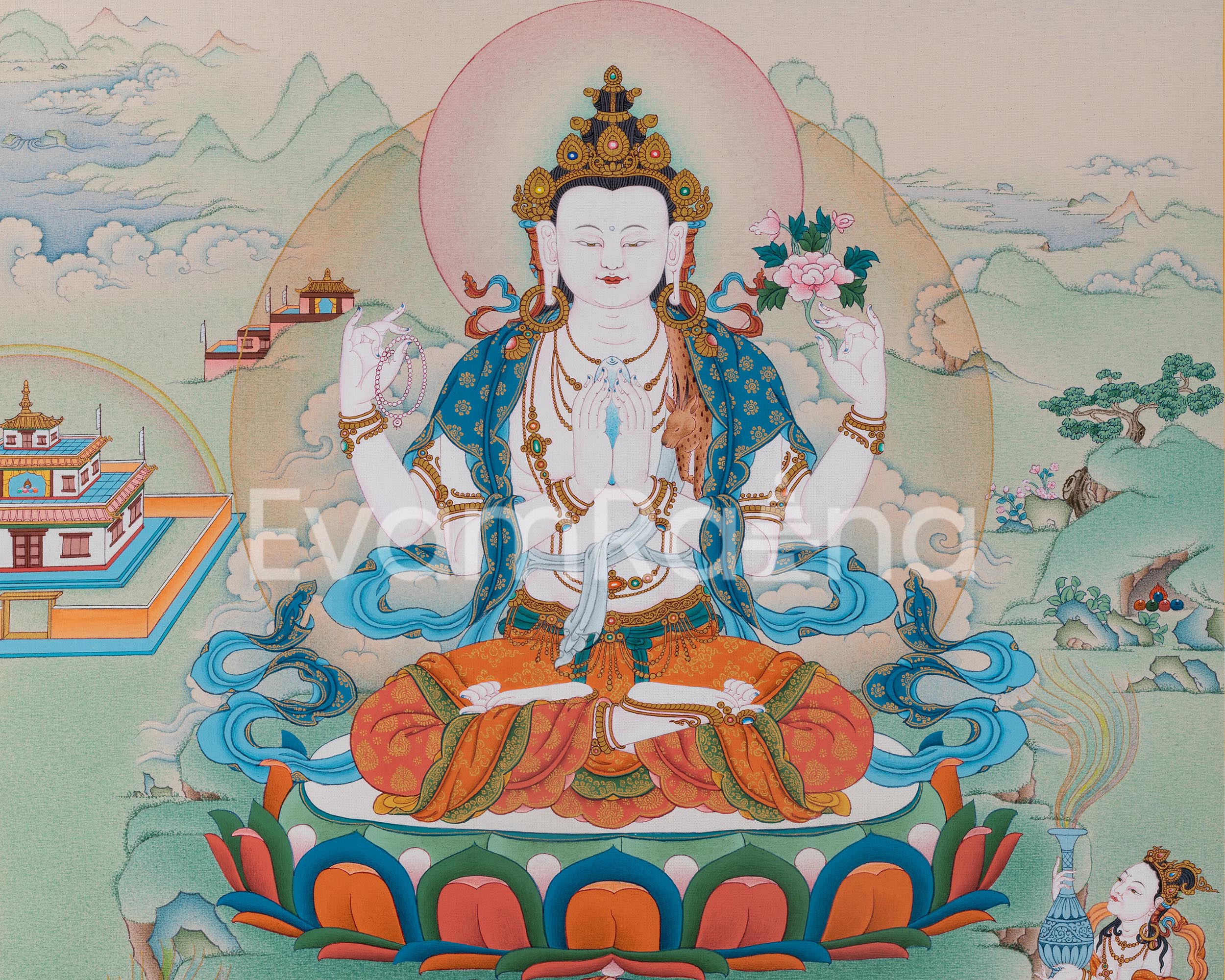 4 Armed Avalokiteshvara Thangka Print | Bodhisattva Avalokiteshvara With Buddha Amitabha
