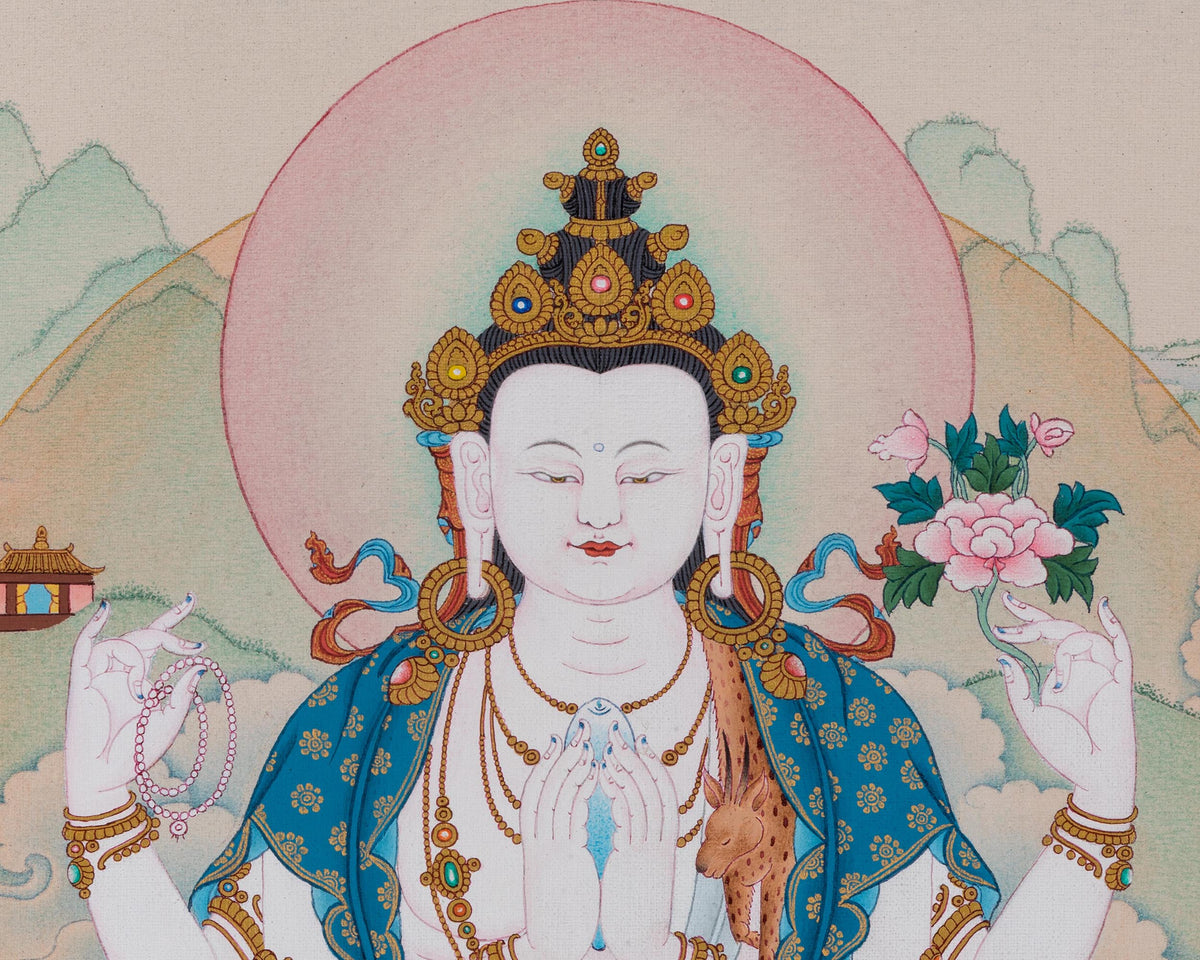 4 Armed Avalokiteshvara Thangka Print | Bodhisattva Avalokiteshvara With Buddha Amitabha