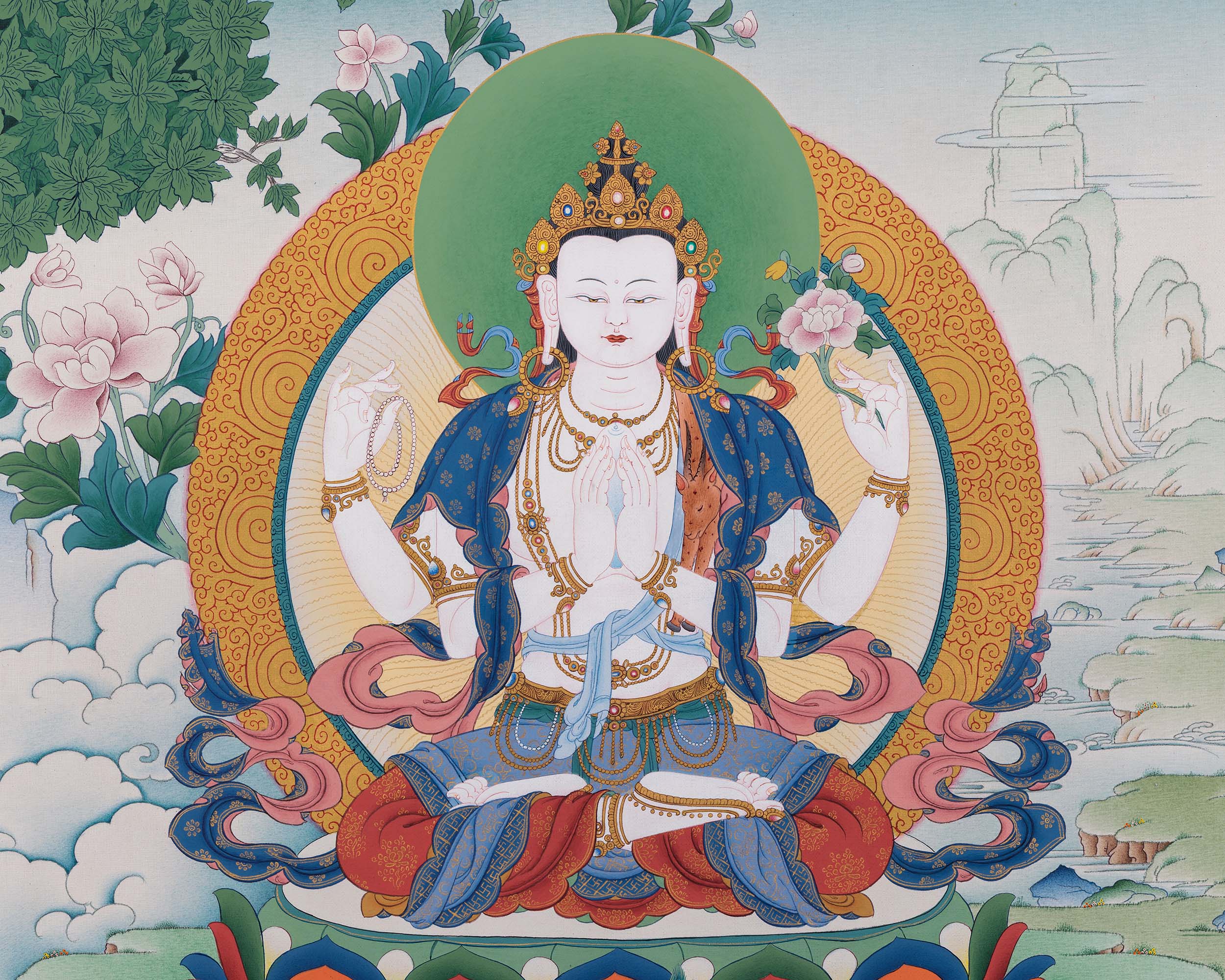Triad of Compassion-Wisdom-Power: Chenresig, Manjushri, and Vajrapani Thangka Print
