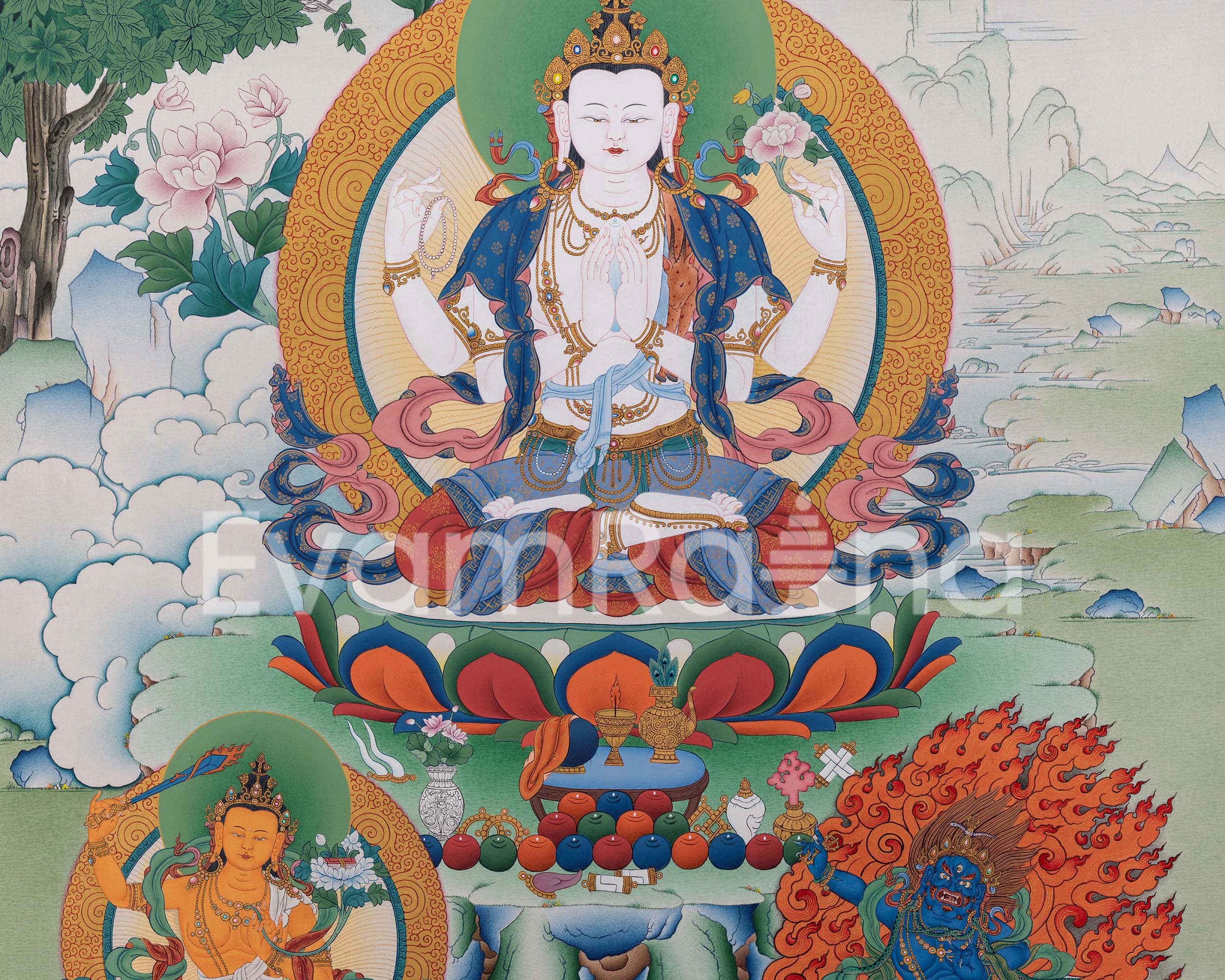 Triad of Compassion-Wisdom-Power: Chenresig, Manjushri, and Vajrapani Thangka Print