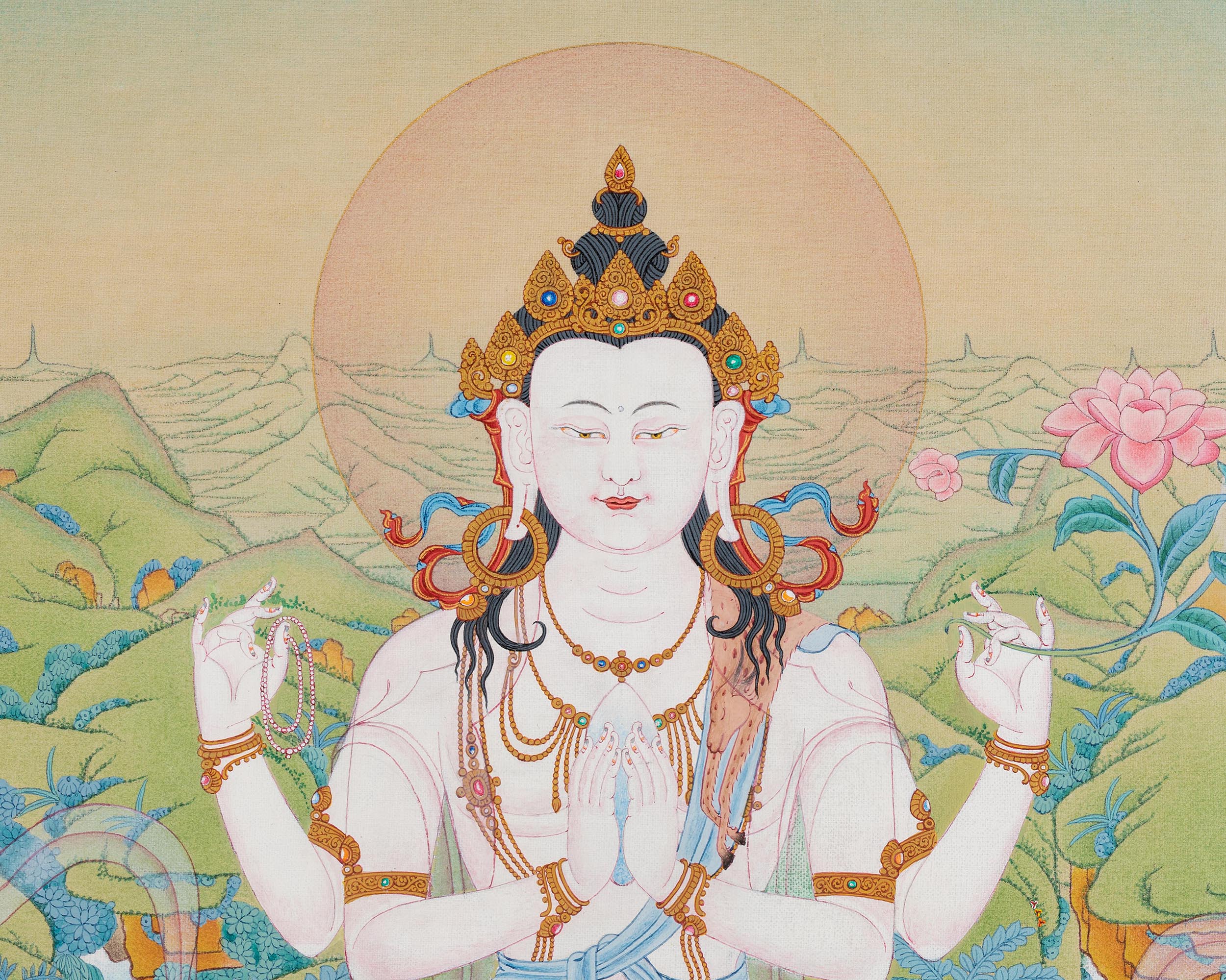 Four-Armed Chenresig Thangka Print for Divine Wisdom | Bodhisattva Of Compassion